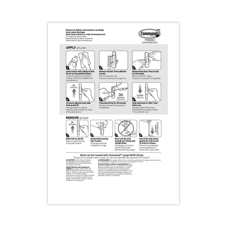 Command™ General Purpose Hooks, Large, Plastic, White, 5 lb Capacity, 14 Hooks and 16 Strips/Pack (MMM17003MPES) Each