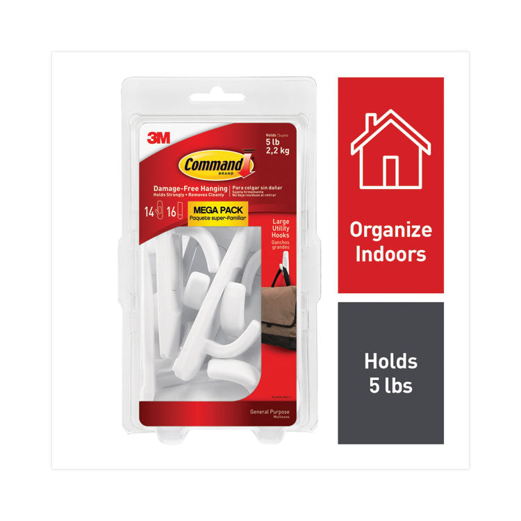 Command™ General Purpose Hooks, Large, Plastic, White, 5 lb Capacity, 14 Hooks and 16 Strips/Pack (MMM17003MPES) Each