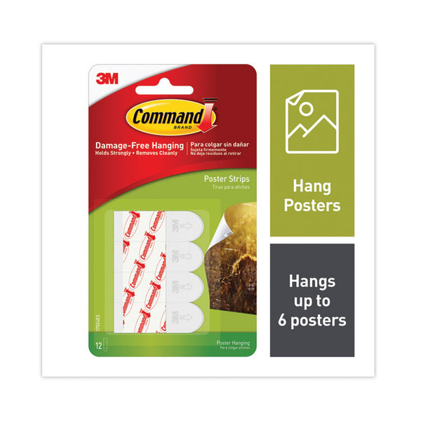 Command™ Poster Strips, Removable, Holds up to 1 lb per Pair, 0.63 x 1.75, White, 12/Pack (MMM17024ES)