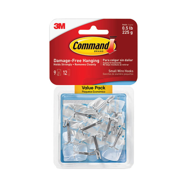 Command™ Clear Hooks and Strips, Small, Plastic/Metal, 0.5 lb, 9 Hooks and 12 Strips/Pack (MMM17067CLR9ES)