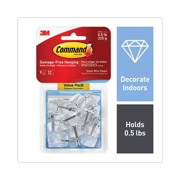 Command™ Clear Hooks and Strips, Small, Plastic/Metal, 0.5 lb, 9 Hooks and 12 Strips/Pack (MMM17067CLR9ES)