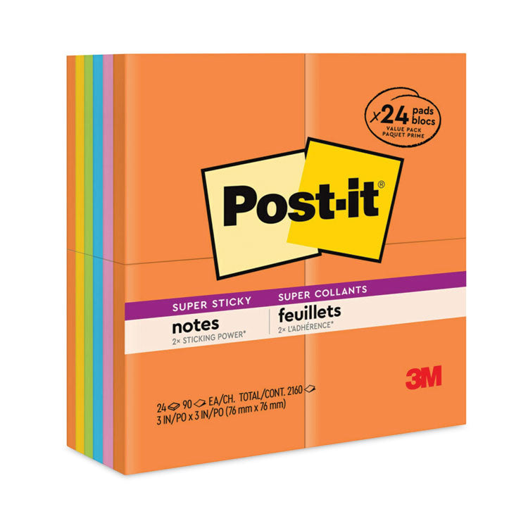 Post-it® Notes Super Sticky Pads in Energy Boost Collection Colors, 3" x 3", 90 Sheets/Pad, 24 Pads/Pack (MMM65424SSAU) Pack of 24