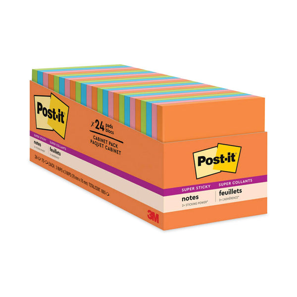 Post-it® Notes Super Sticky Pads in Energy Boost Collection Colors, Cabinet Pack, 3" x 3", 70 Sheets/Pad, 24 Pads/Pack (MMM65424SSAUCP)