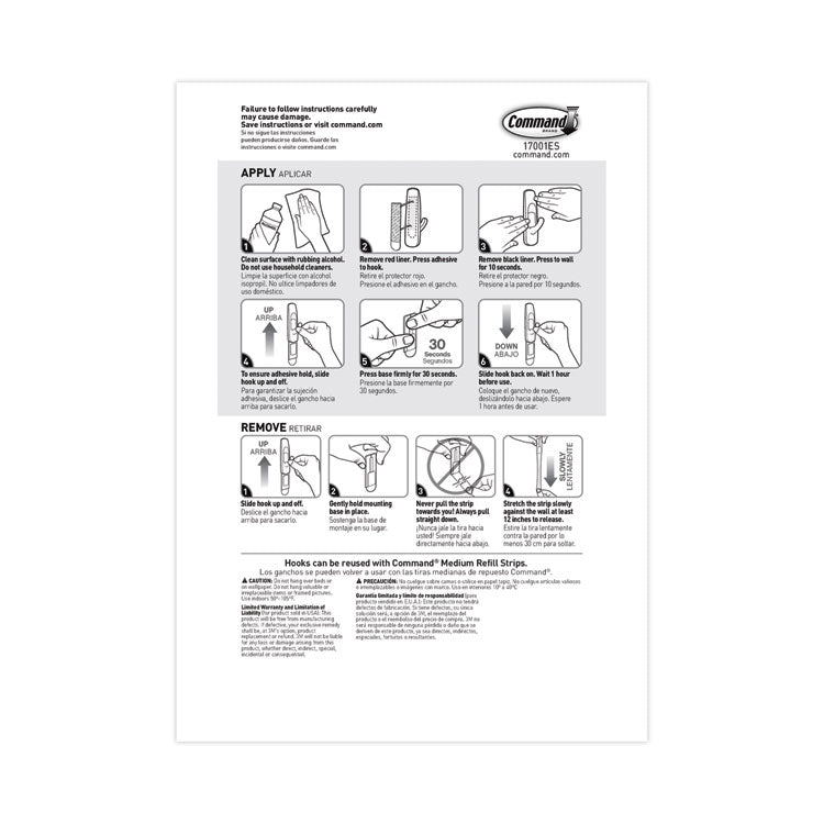 Command™ General Purpose Hooks Multi-Pack, Medium, Plastic, White, 3 lb Capacity, 6 Hooks and 12 Strips/Pack (MMM170016ES) Pack of 6
