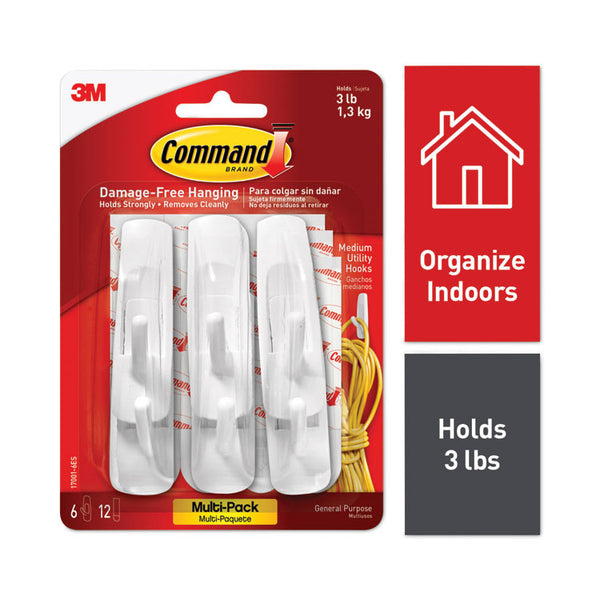 Command™ General Purpose Hooks Multi-Pack, Medium, Plastic, White, 3 lb Capacity, 6 Hooks and 12 Strips/Pack (MMM170016ES)