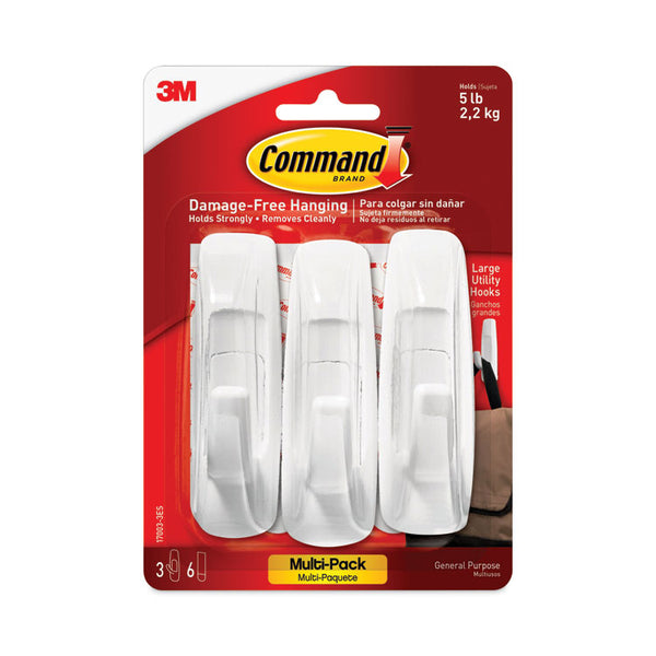 Command™ General Purpose Hooks Multi-Pack, Large, Plastic, White, 5 lb Capacity, 3 Hooks and 6 Strips/Pack (MMM170033ES)