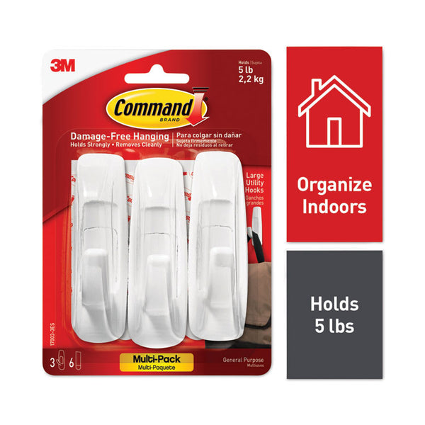 Command™ General Purpose Hooks Multi-Pack, Large, Plastic, White, 5 lb Capacity, 3 Hooks and 6 Strips/Pack (MMM170033ES)