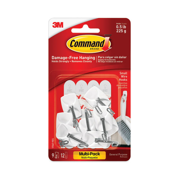 Command™ General Purpose Wire Hooks Multi-Pack, Small, Metal, White, 0.5 lb Capacity, 9 Hooks and 12 Strips/Pack (MMM170679ES)