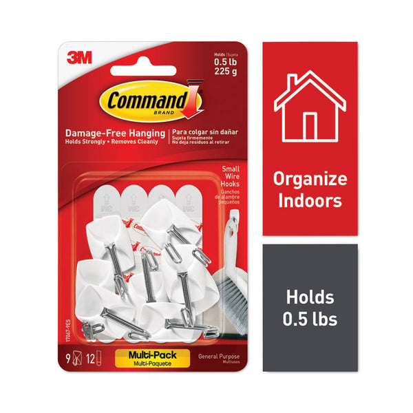 Command™ General Purpose Wire Hooks Multi-Pack, Small, Metal, White, 0.5 lb Capacity, 9 Hooks and 12 Strips/Pack (MMM170679ES)