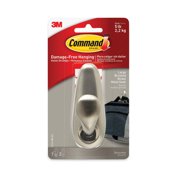 Command™ Adhesive Mount Metal Hook, Large, Brushed Nickel Finish, 5 lb Capacity, 1 Hook and 2 Strips/Pack (MMMFC13BNES)