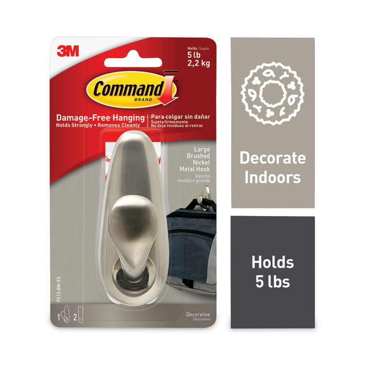 Command™ Adhesive Mount Metal Hook, Large, Brushed Nickel Finish, 5 lb Capacity, 1 Hook and 2 Strips/Pack (MMMFC13BNES) Each