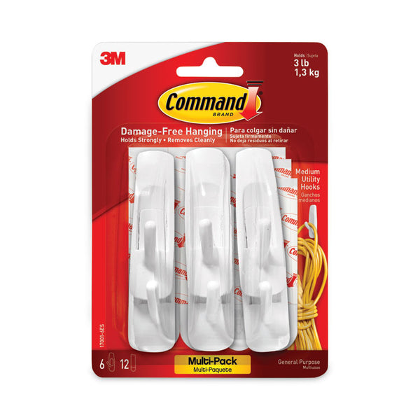 Command™ General Purpose Hooks Multi-Pack, Medium, Plastic, White, 3 lb Capacity, 6 Hooks and 12 Strips/Pack (MMM170016ES)