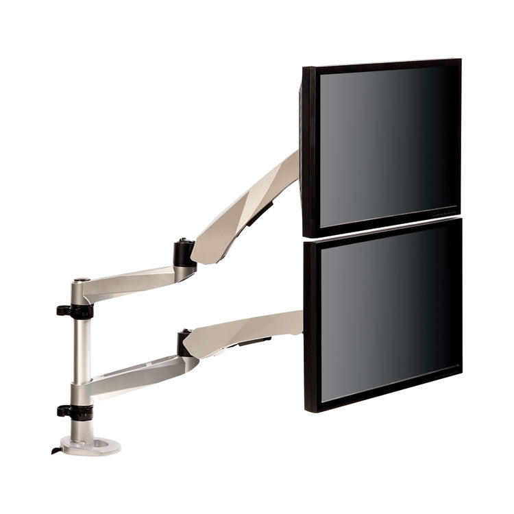 3M™ Easy-Adjust Desk Dual Arm Mount for 27" Monitors, 360 deg Rotation, +90/-15 deg Tilt, 360 deg Pan, Silver, Supports 20 lb (MMMMA265S) Each