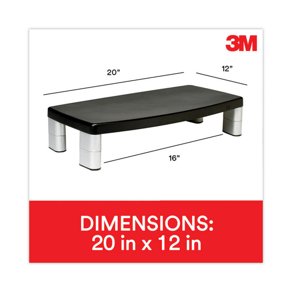 3M™ Extra-Wide Adjustable Monitor Stand, 20" x 12" x 1" to 5.78", Silver/Black, Supports 40 lbs (MMMMS90B)