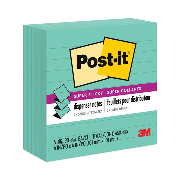 Post-it® Pop-up Notes Super Sticky Pop-up Notes Refill, Note Ruled, 4" x 4", Aqua Wave, 90 Sheets/Pad, 5 Pads/Pack (MMMR440WASS)