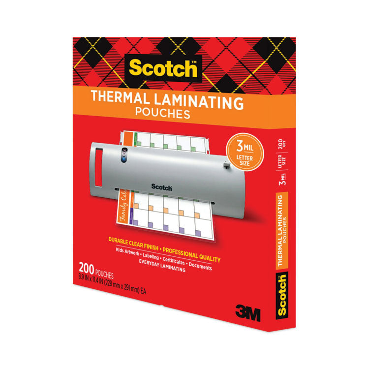 Scotch™ Laminating Pouches, 3 mil, 9" x 11.5", Gloss Clear, 200/Pack (MMMTP3854200)