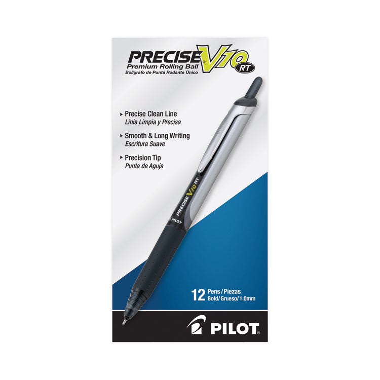 Pilot® Precise V10RT Roller Ball Pen, Retractable, Bold 1 mm, Black Ink, Black Barrel, Dozen (PIL13450)