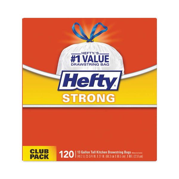Hefty® Strong Tall Kitchen Drawstring Bags, 13 gal, 0.9 mil, 24" x 27.75", White, 120/Box (PCTE84562)