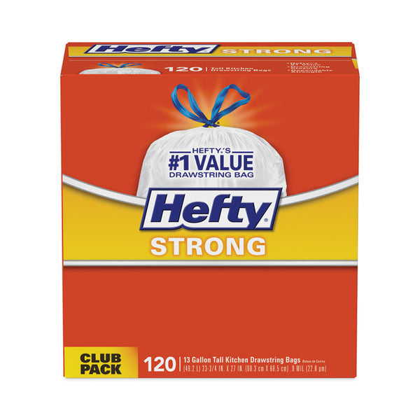 Hefty® Strong Tall Kitchen Drawstring Bags, 13 gal, 0.9 mil, 23.75" x 27", White, 120 Bags/Box, 3 Boxes/Carton (PCTE84562CT)