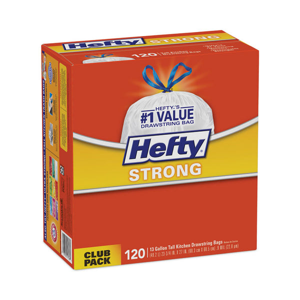 Hefty® Strong Tall Kitchen Drawstring Bags, 13 gal, 0.9 mil, 23.75" x 27", White, 90 Bags/Box, 3 Boxes/Carton (RFPE84574CT)