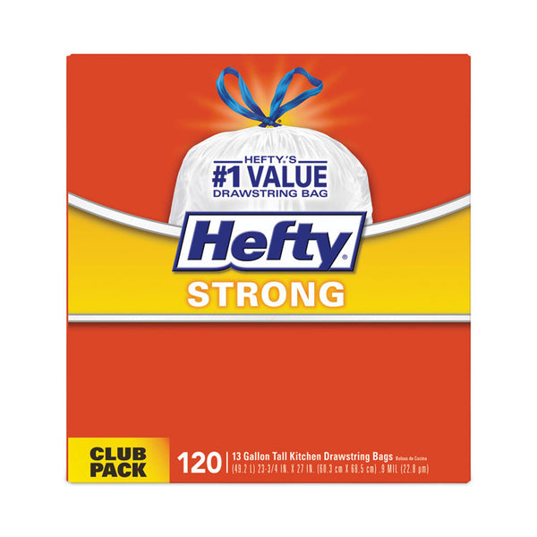 Hefty® Strong Tall Kitchen Drawstring Bags, 13 gal, 0.9 mil, 23.75" x 27", White, 90/Box (RFPE84574)