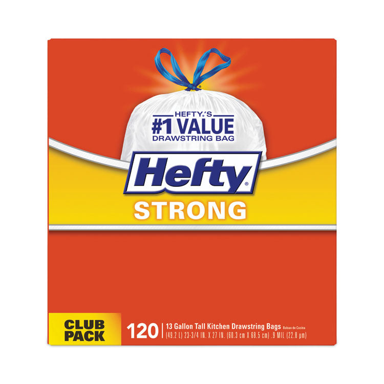 Hefty® Strong Tall Kitchen Drawstring Bags, 13 gal, 0.9 mil, 23.75" x 27", White, 90/Box (RFPE84574)