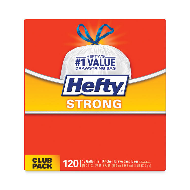 Hefty® Strong Tall Kitchen Drawstring Bags, 13 gal, 0.9 mil, 23.75" x 27", White, 90 Bags/Box, 3 Boxes/Carton (RFPE84574CT)