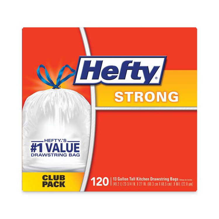 Hefty® Strong Tall Kitchen Drawstring Bags, 13 gal, 0.9 mil, 23.75" x 27", White, 90 Bags/Box, 3 Boxes/Carton (RFPE84574CT)