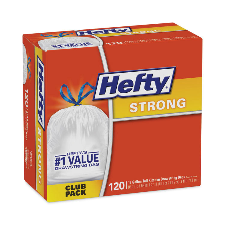 Hefty® Strong Tall Kitchen Drawstring Bags, 13 gal, 0.9 mil, 24" x 27.75", White, 120/Box (PCTE84562)