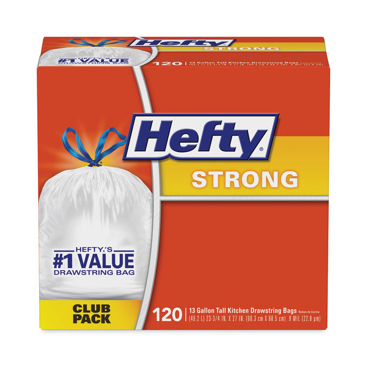 Hefty® Strong Tall Kitchen Drawstring Bags, 13 gal, 0.9 mil, 23.75" x 27", White, 90/Box (RFPE84574)