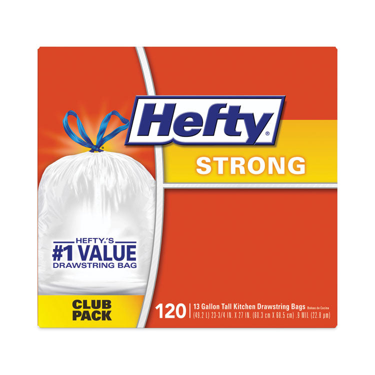 Hefty® Strong Tall Kitchen Drawstring Bags, 13 gal, 0.9 mil, 23.75" x 27", White, 90/Box (RFPE84574)