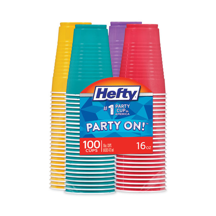 Hefty® Easy Grip Disposable Plastic Party Cups, 16 oz, Assorted Colors, 100/Pack, 4 Packs/Carton (RFPC21637CT)