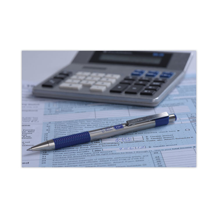 Zebra® F-301 Ballpoint Pen, Retractable, Fine 0.7 mm, Blue Ink, Stainless Steel/Blue Barrel (ZEB27120) Each