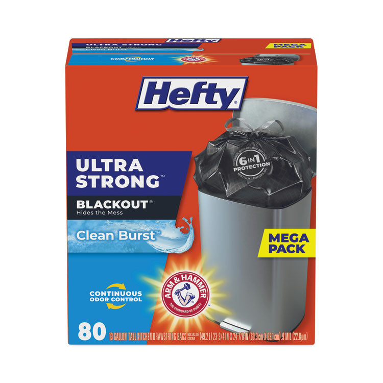 Hefty® Ultra Strong BlackOut Tall-Kitchen Drawstring Bags, 13 gal, 0.9 mil, 23.75" x 24.88", Black, 80 Bags/Box, 3 Boxes/Carton (PCTE88352CT) Case of 240