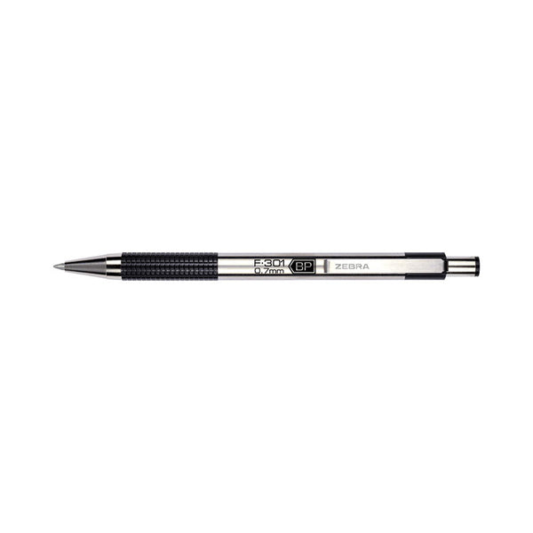 Zebra® F-301 Ballpoint Pen, Retractable, Fine 0.7 mm, Black Ink, Stainless Steel/Black Barrel, 2/Pack (ZEB27112)