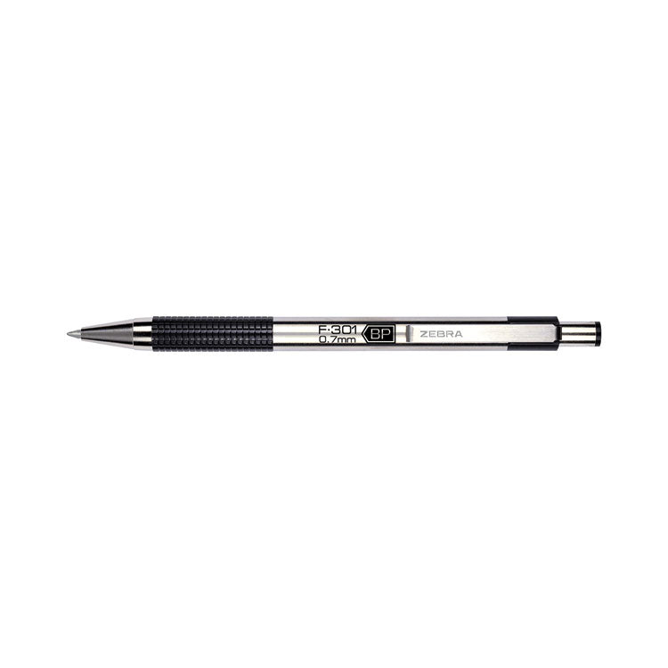 Zebra® F-301 Ballpoint Pen, Retractable, Fine 0.7 mm, Black Ink, Stainless Steel/Black Barrel, 2/Pack (ZEB27112) Pack of 2