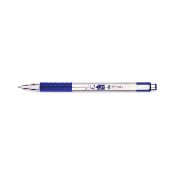 Zebra® F-301 Ballpoint Pen, Retractable, Fine 0.7 mm, Blue Ink, Stainless Steel/Blue Barrel (ZEB27120)