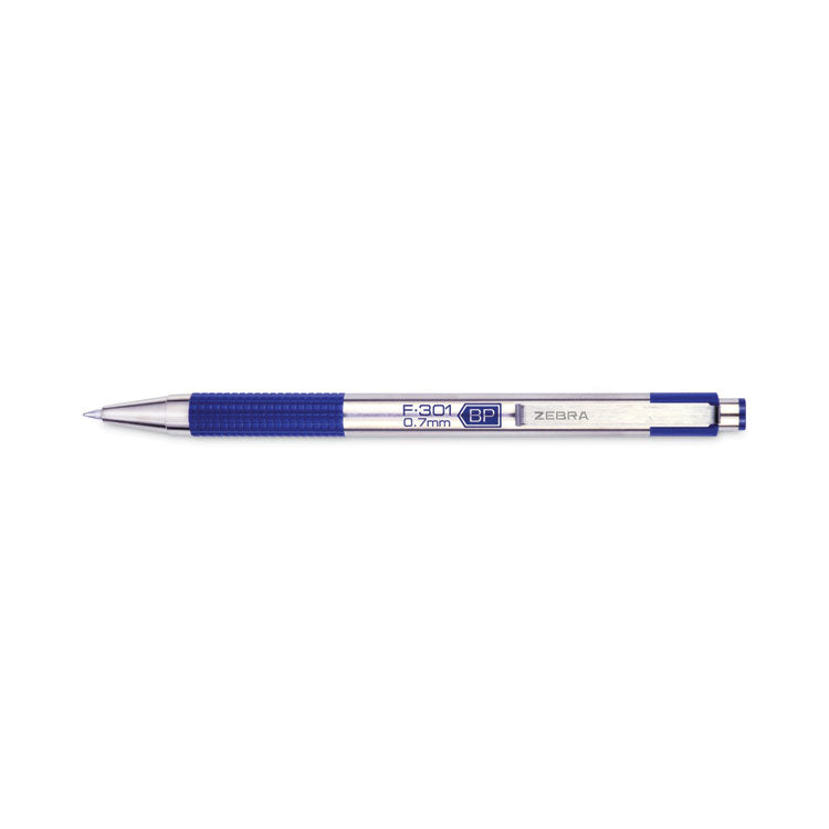 Zebra® F-301 Ballpoint Pen, Retractable, Fine 0.7 mm, Blue Ink, Stainless Steel/Blue Barrel (ZEB27120) Each