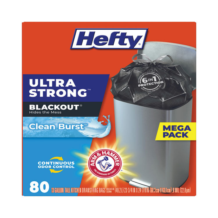 Hefty® Ultra Strong BlackOut Tall-Kitchen Drawstring Bags, 13 gal, 0.9 mil, 23.75" x 24.88", Black, 80 Bags/Box, 3 Boxes/Carton (PCTE88352CT)