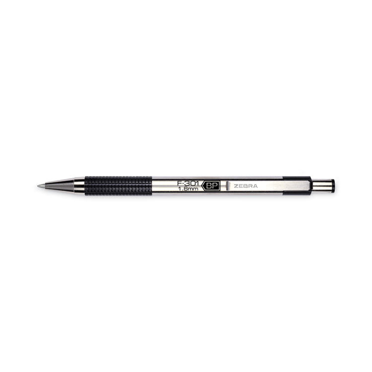 Zebra® F-301 Ballpoint Pen, Retractable, Bold 1.6 mm, Black Ink, Stainless Steel/Black Barrel, 2/Pack (ZEB27312) Pack of 2