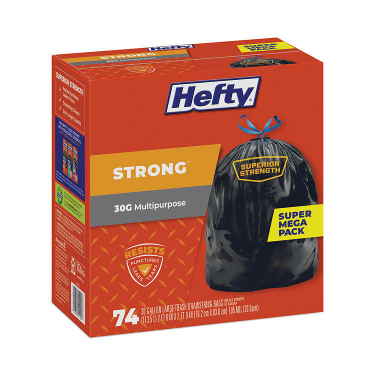 Hefty® Strong Multipurpose Drawstring Trash Bags, 30 gal, 1.1 mil, 30" x 33", Black, 74/Box (PCTE85274) Box of 74