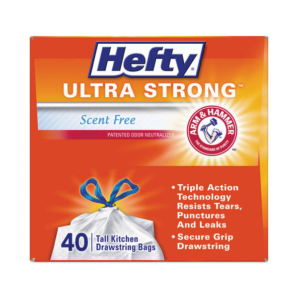 Hefty® Ultra Strong Tall Kitchen and Trash Bags, 13 gal, 0.9 mil, 23.75" x 24.88", White, 40 Bags/Box, 6 Boxes/Carton (RFPE88338CT)