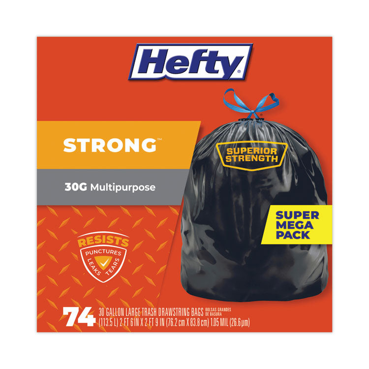 Hefty® Strong Multipurpose Drawstring Trash Bags, 30 gal, 1.1 mil, 30" x 33", Black, 74/Box (PCTE85274)