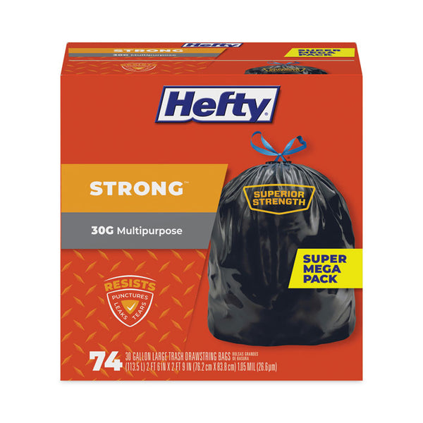 Hefty® Strong Multipurpose Drawstring Trash Bags, 30 gal, 1.1 mil, 30" x 33", Black, 74/Box (PCTE85274)