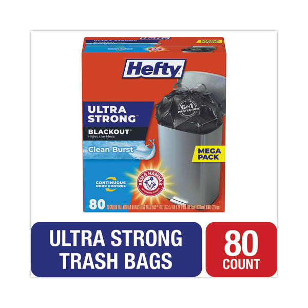 Hefty® Ultra Strong BlackOut Tall-Kitchen Drawstring Bags, 13 gal, 0.9 mil, 23.75" x 24.88", Black, 80/Box (PCTE88352)