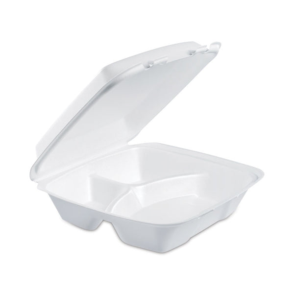 Dart® Foam Hinged Lid Container, 3-Compartment, 8 oz, 9 x 9.4 x 3, White, 200/Carton (DCC90HT3R)