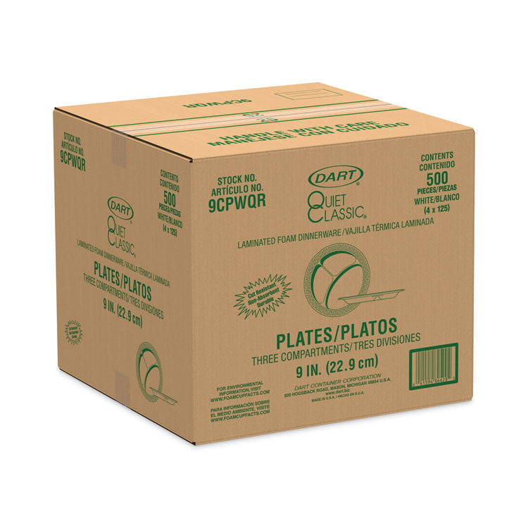 Dart® Quiet Classic Laminated Foam Plates, 3-Compartment, 9" dia, White, 125/Pack, 4 Packs/Carton (DCC9CPWQR)