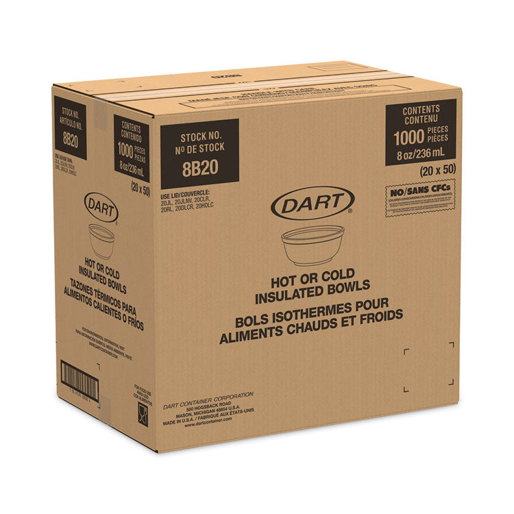 Dart® Foam Bowls, 8 oz, White, 50/Pack, 20 Packs/Carton (DCC8B20)