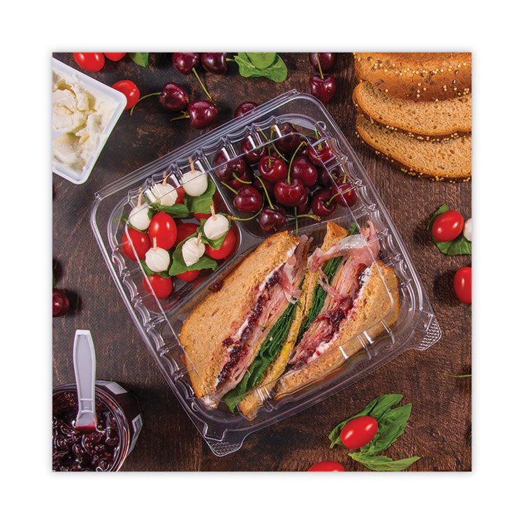 Dart® ClearSeal Hinged-Lid Plastic Containers, 3-Compartment, 9.4 x 8.9 x 3, Plastic, 100/Bag, 2 Bags/Carton (DCCC95PST3)
