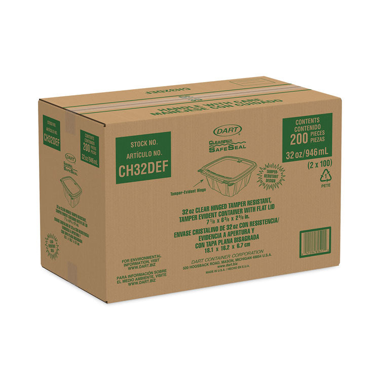 Dart® ClearPac SafeSeal Tamper-Resistant/Evident Containers, Flat Lid, 32 oz, 6.4 x 2.6 x 7.1, Clear, Plastic, 100/Bag, 2 Bags/CT (DCCCH32DEF)